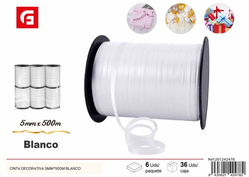 Cinta decorativa 5mm x 500m blanca para regalos y manualidades