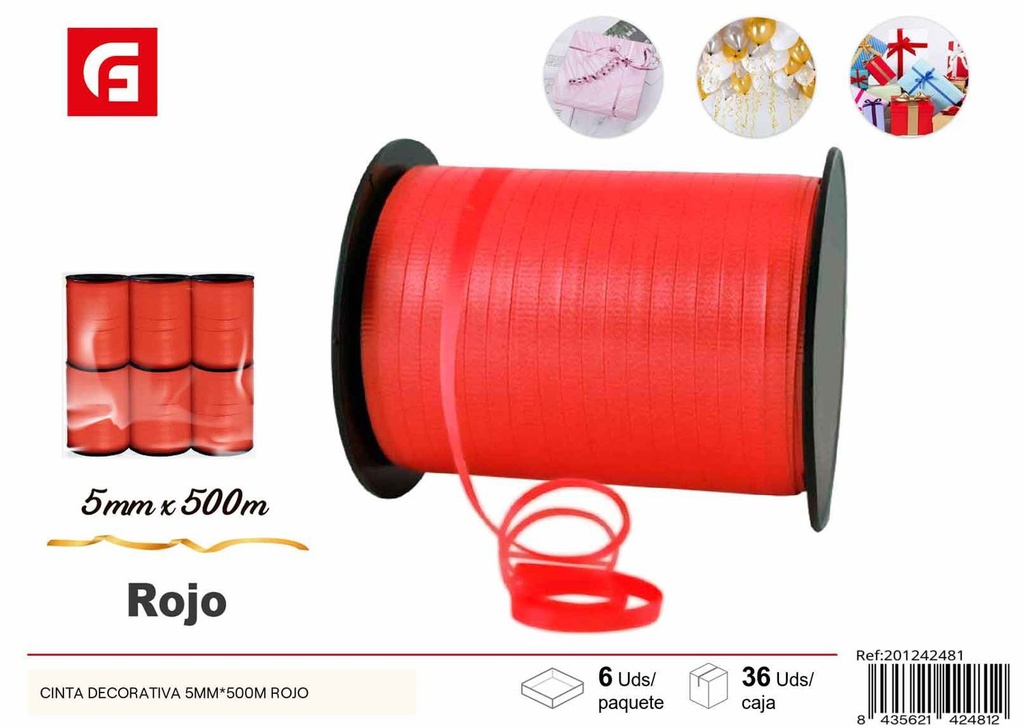 Cinta decorativa 5mm*500m rojo para regalos y manualidades