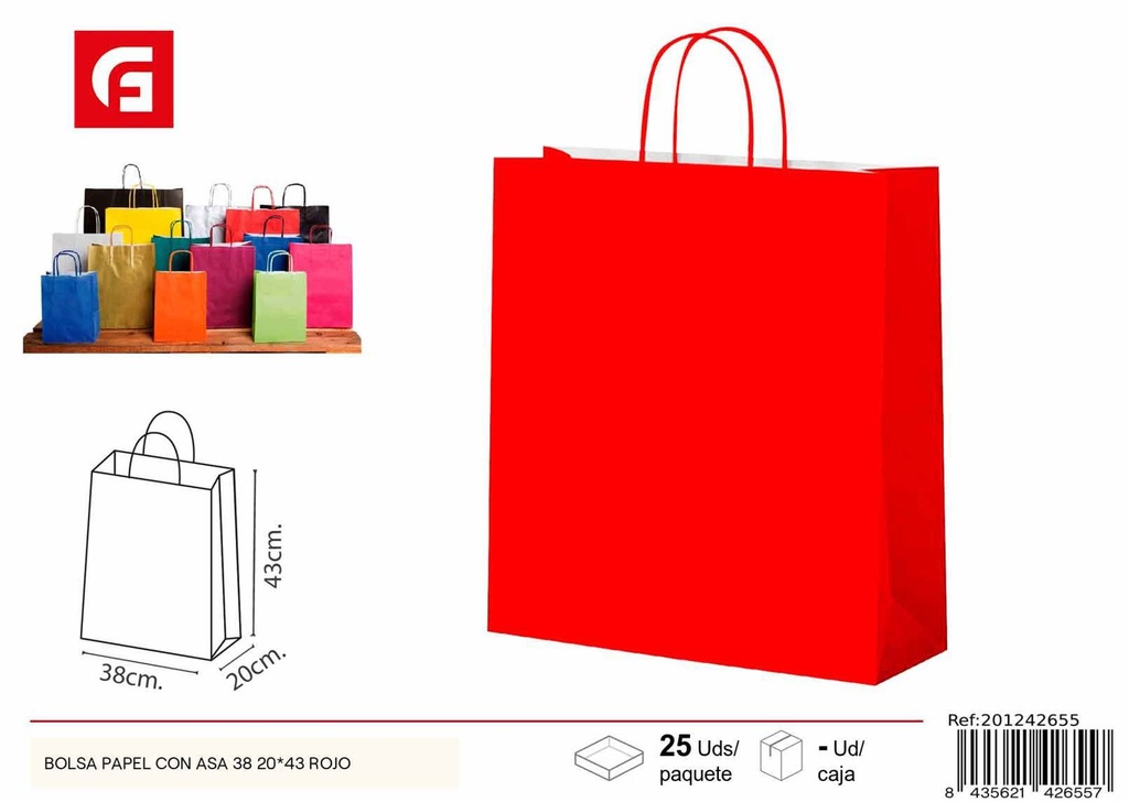 Bolsa papel con asa 38+20*43 rojo - Embalaje y regalos