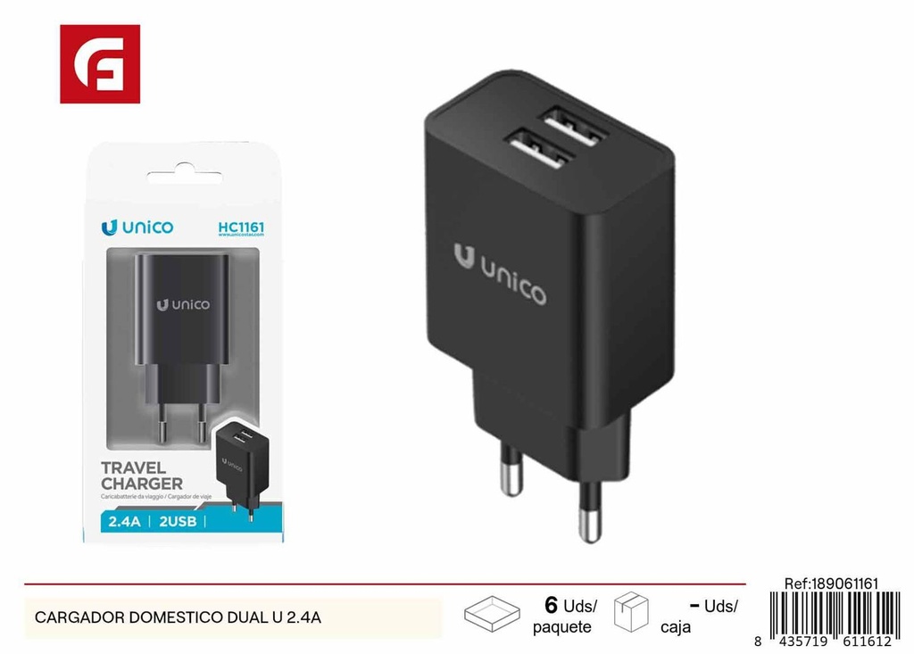 Cargador doméstico dual USB 2.4A para dispositivos electrónicos