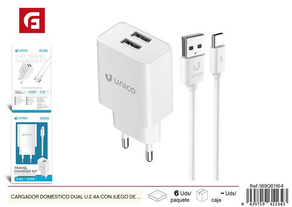 Cargador doméstico dual U 2.4A con cable - Accesorios de electrónica