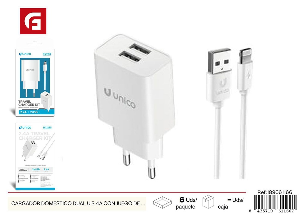 Cargador doméstico dual USB 2.4A con juego de cables