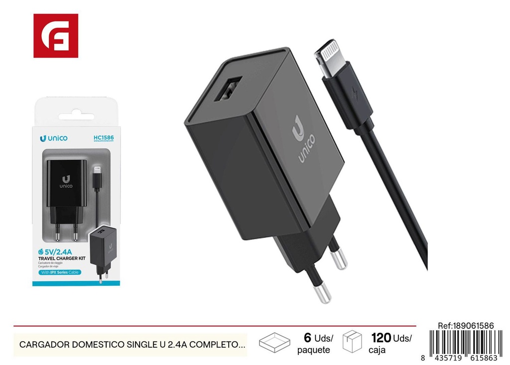 Cargador doméstico single U 2.4A completo con juego de cables - Electrónica y cargadores