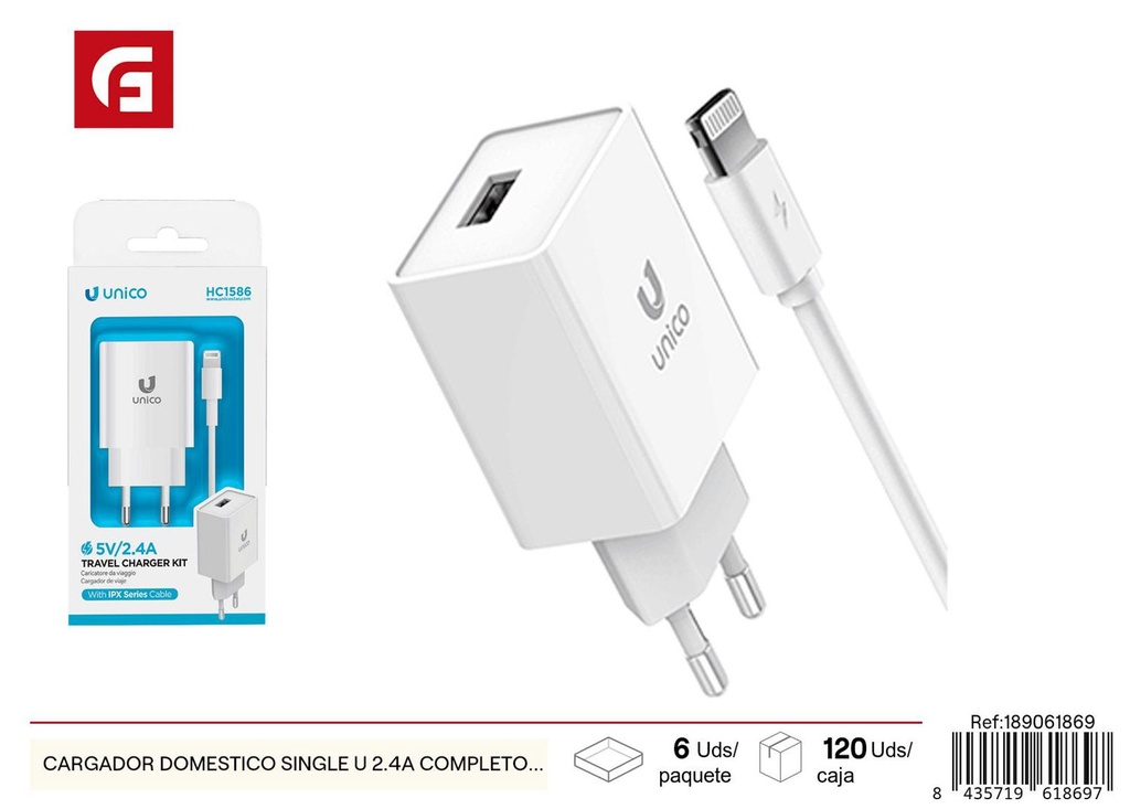 Cargador doméstico single USB 2.4A completo con cables