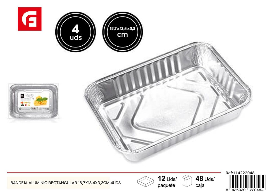 Bandeja de aluminio rectangular 18.7x13.4x3.3 cm 4 unds - Utensilios desechables