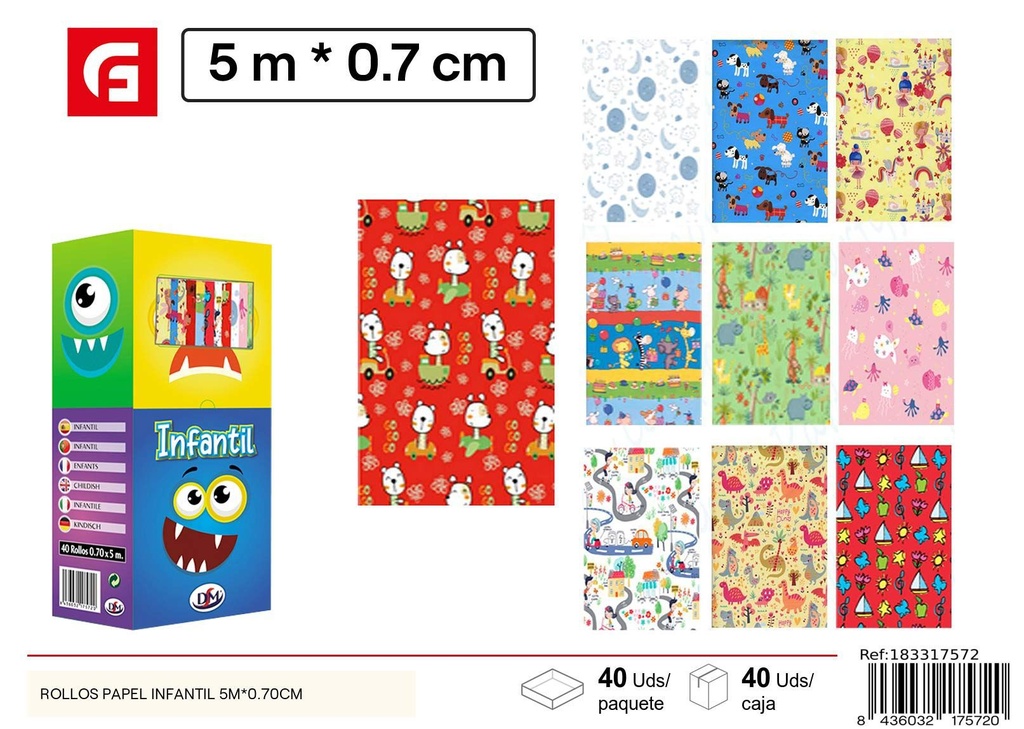 Rollo de papel regalo infantil 5 m x 0.70 cm - Papel para envolver regalos  