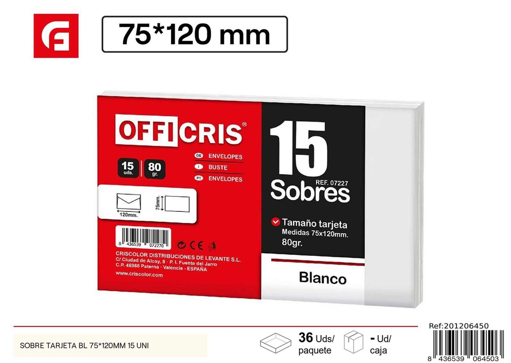 Sobre de tarjeta krafts 75x120 mm 15 uds - Artículos de oficina