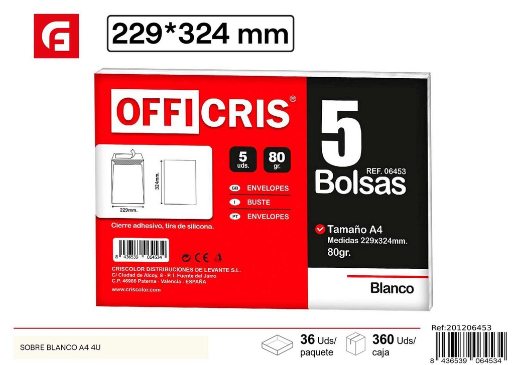 Sobre blanco A4 4 unidades - Material de oficina