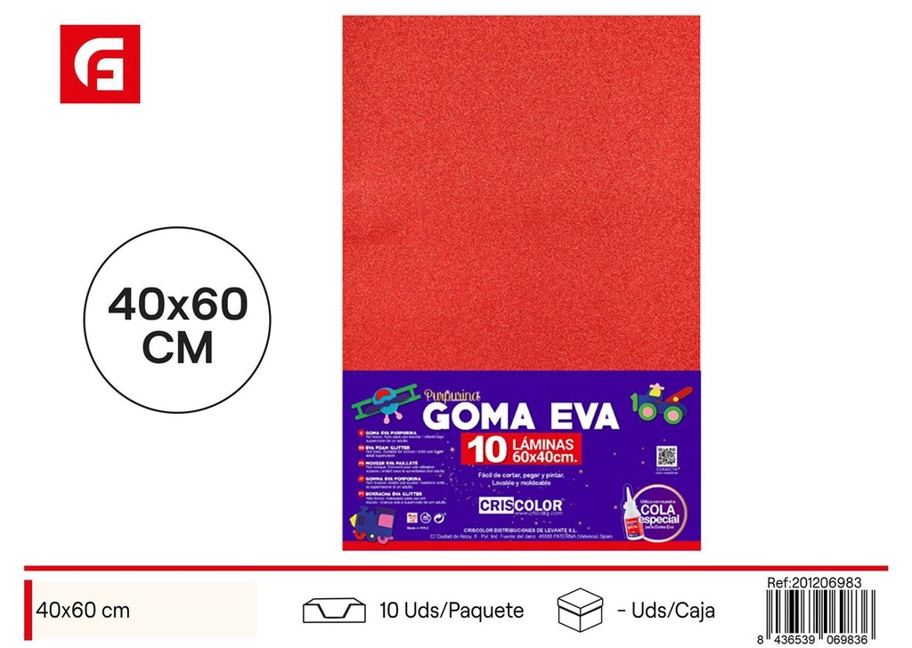 Goma EVA purpurina roja 40x60 cm - Set de 10 unidades