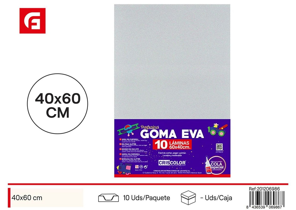 Goma EVA purpurina blanca 40x60 cm - Set de 10 unidades