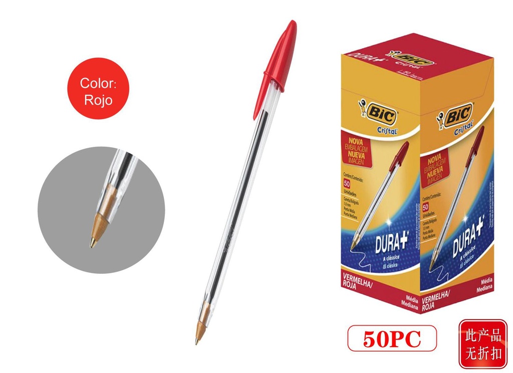 Bolígrafo BIC cristal rojo 50/caja para escritura