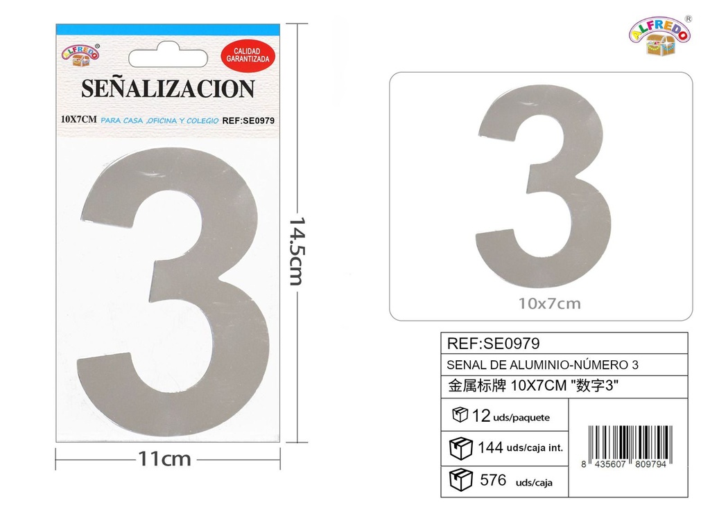 Señal de aluminio - Número 3 10x7cm - Señales metálicas
