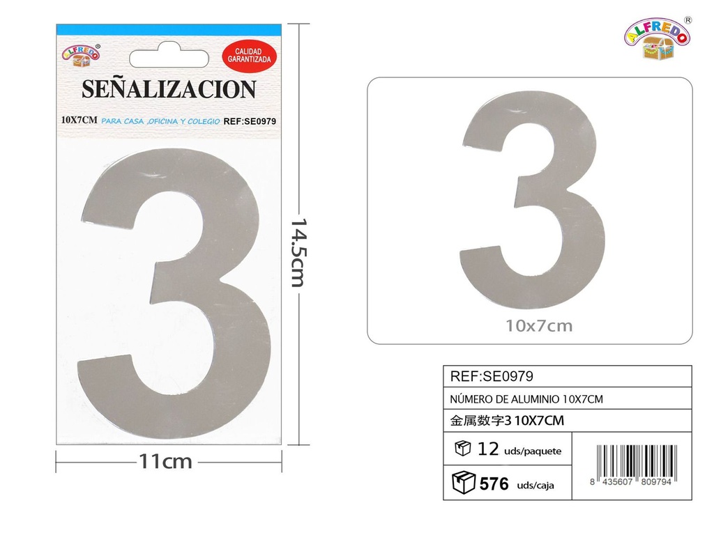 Señal de aluminio - Número 3 10x7cm - Señales metálicas