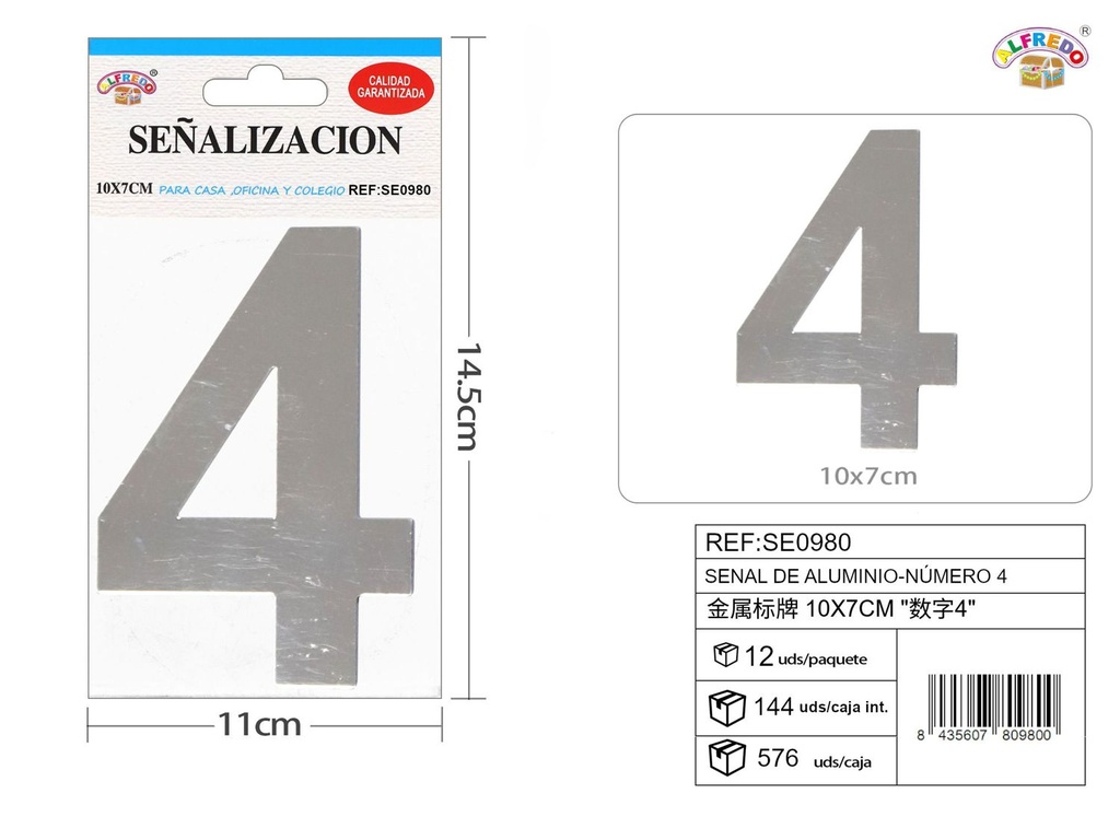 Señal de aluminio - Número 4 10x7cm - Señales metálicas