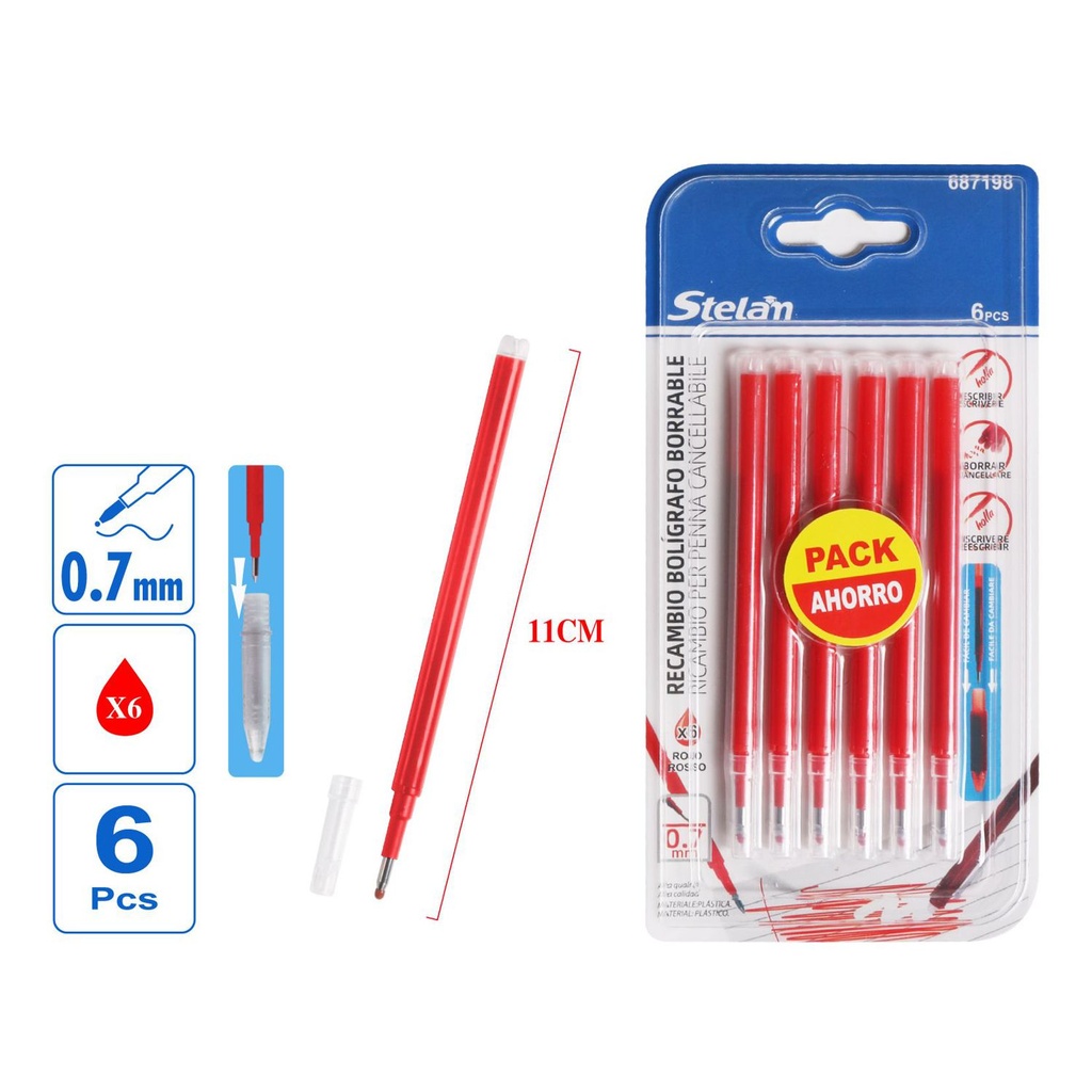 Recambio de bolígrafo borrable rojo 0.7mm 6pcs - Material de escritura