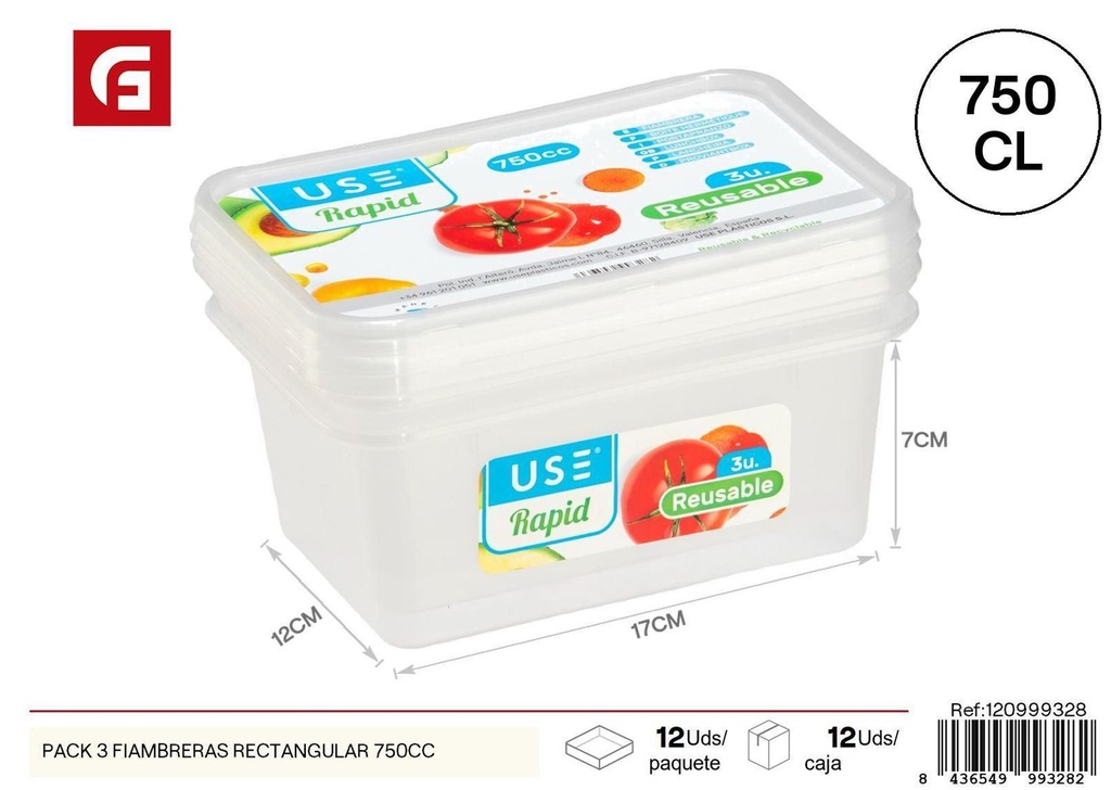 Pack 3 fiambreras rectangular 750cc para alimentos y comidas