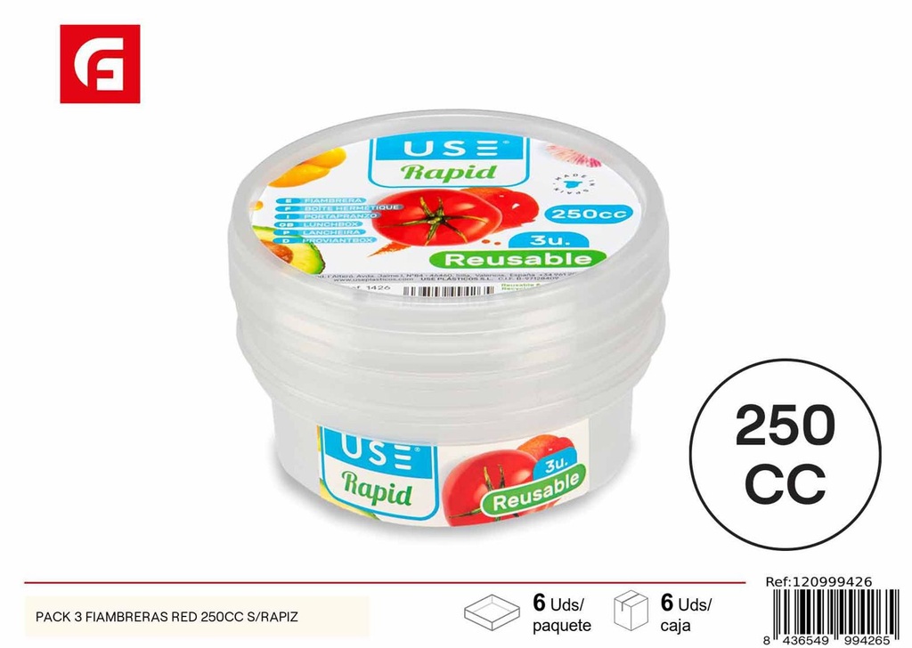 Pack de 3 fiambreras redondas 250cc sin BPA para alimentos