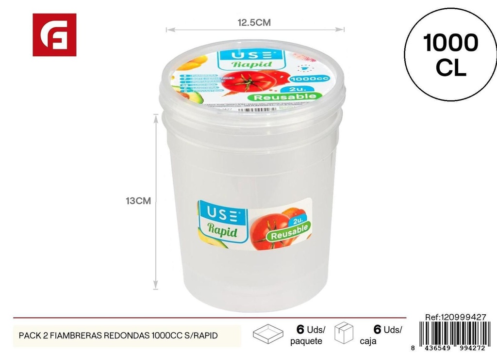 Pack de 2 fiambreras redondas 1000cc sin BPA para alimentos