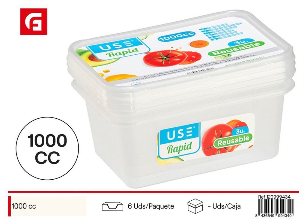 Pack 3 fiambrera rect. 1000cc s/rapid - Almacenamiento de alimentos