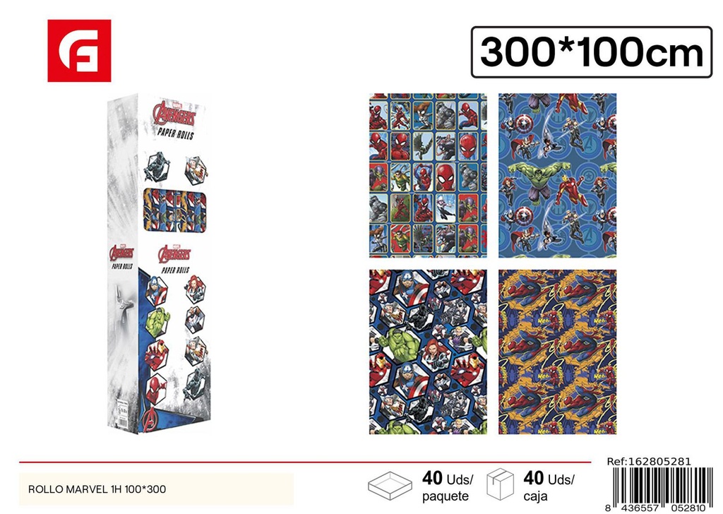 Papel de regalo Rollo Marvel 1 hoja 100x300cm para ocasiones especiales