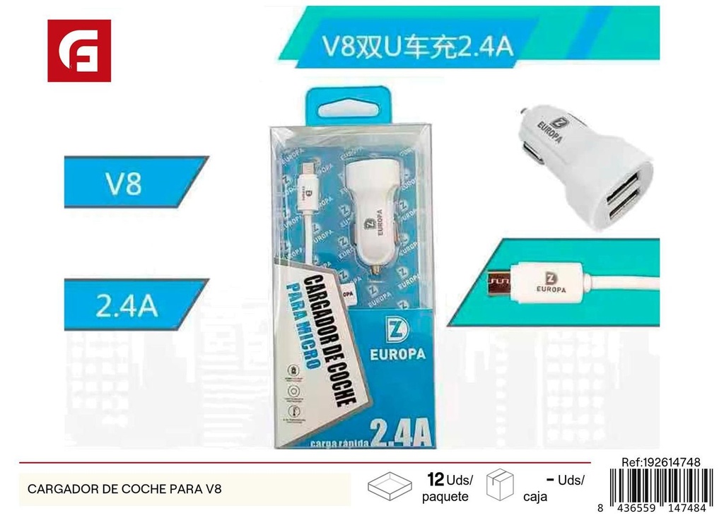 Cargador de coche para V8 para dispositivos electrónicos