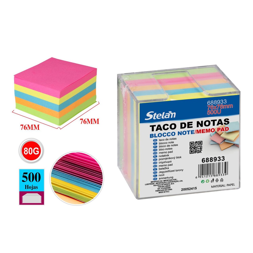 Taco de notas no pegajosas 76x76 500 hojas - Papelería