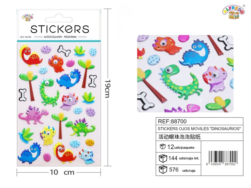 Stickers Ojos Móviles de Dinosaurios 10x19 cm - Pegatinas divertidas