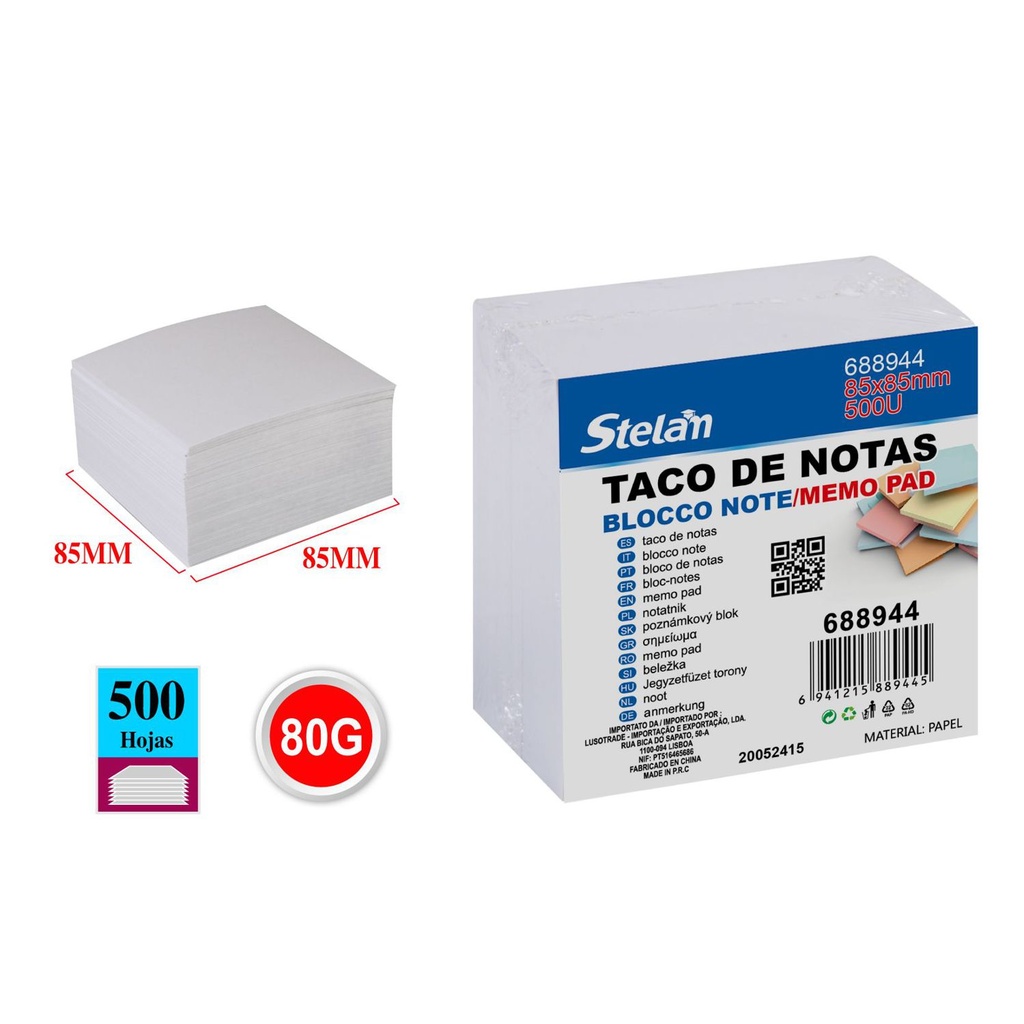 Taco de notas sin adhesivo blanco 85x85 500 hojas para oficina