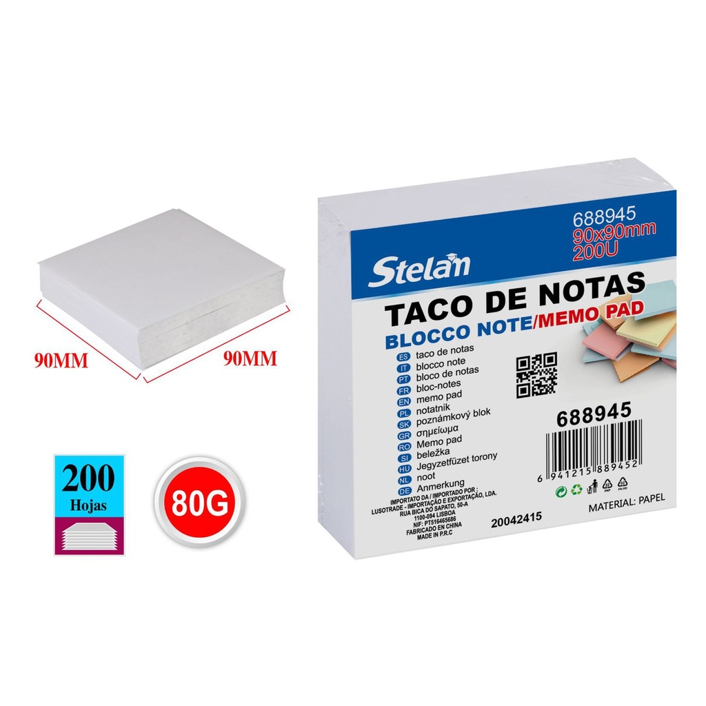 Taco de notas sin adhesivo 90*90 200 hojas - Notas adhesivas