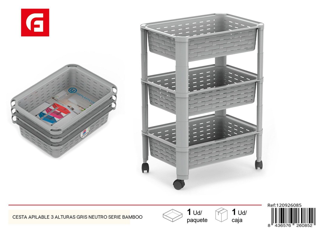 Cesta apilable 3 alturas gris neutro serie bamboo - Plásticos del hogar y almacenamiento