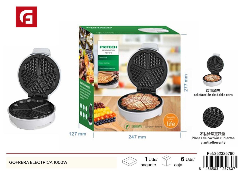 Gofrera eléctrica 1000W para cocina