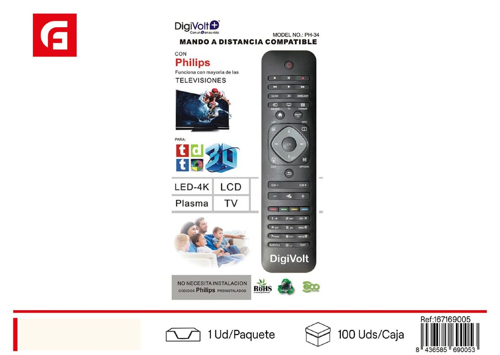 Mando compatible universal para Philips PH-42 para televisores