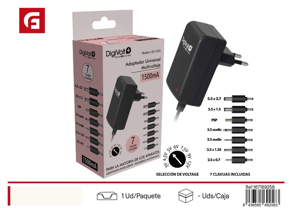 Adaptador universal multi voltaje-multi clavija 1500mA para carga y conexión