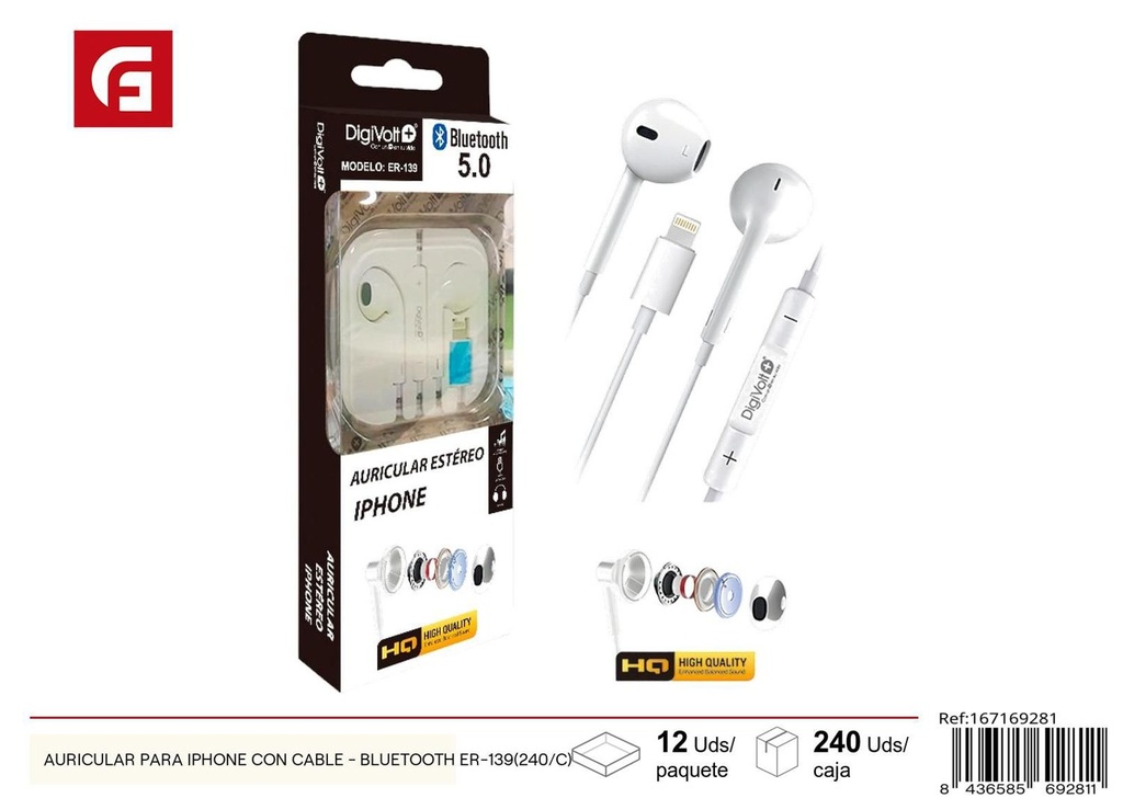 Auricular para iPhone con cable Bluetooth ER-139 (240/c) para música y llamadas