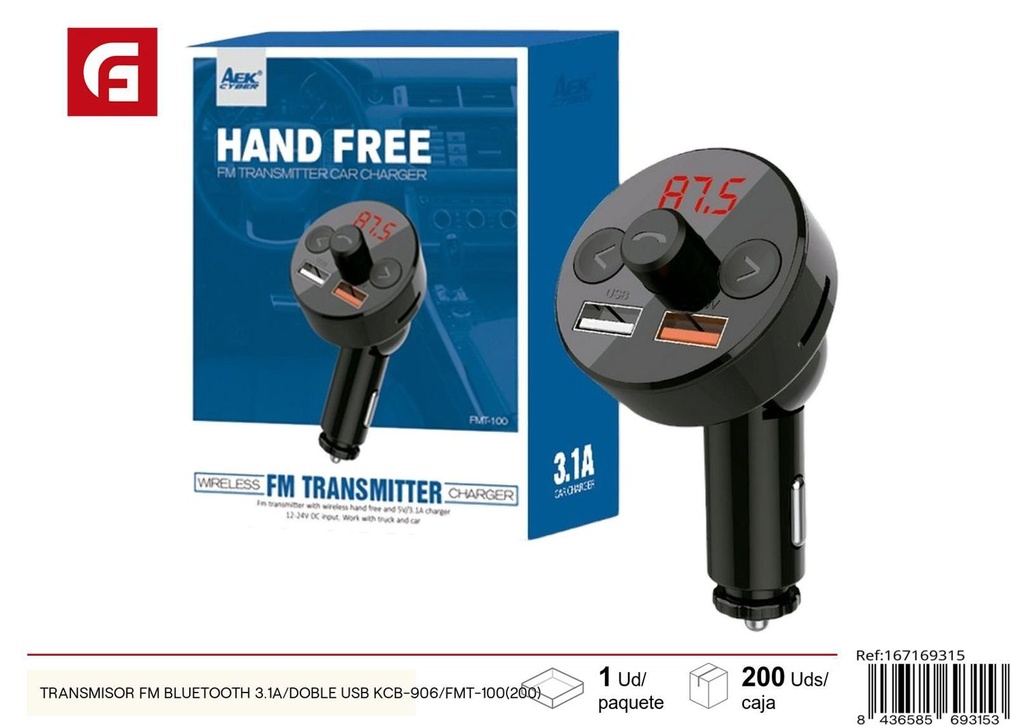 Transmisor FM Bluetooth 3.1A/doble USB KCB-906/FMT-100(200)