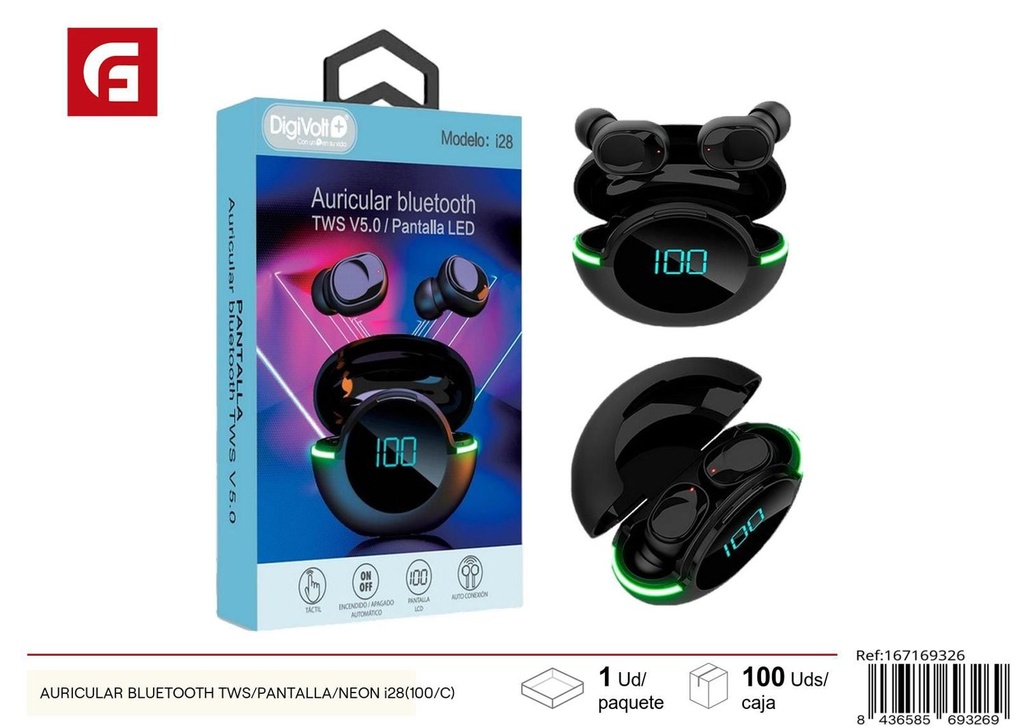 Auricular Bluetooth TWS con pantalla y luz neón i28 para música