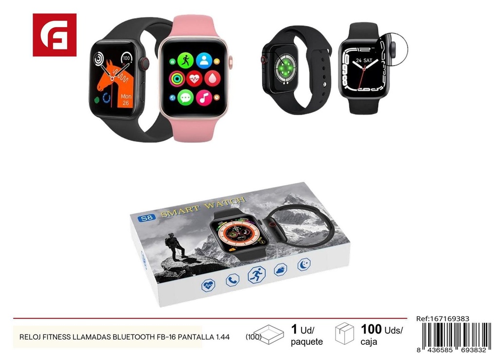 Reloj fitness con llamadas Bluetooth FB-16 pantalla 1.44" para actividad física y notificaciones