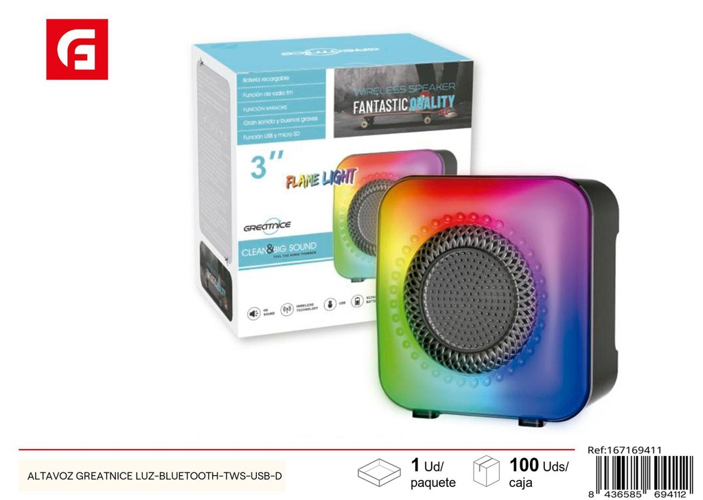 Altavoz Greatnice con luz Bluetooth TWS USB-D para música y entretenimiento