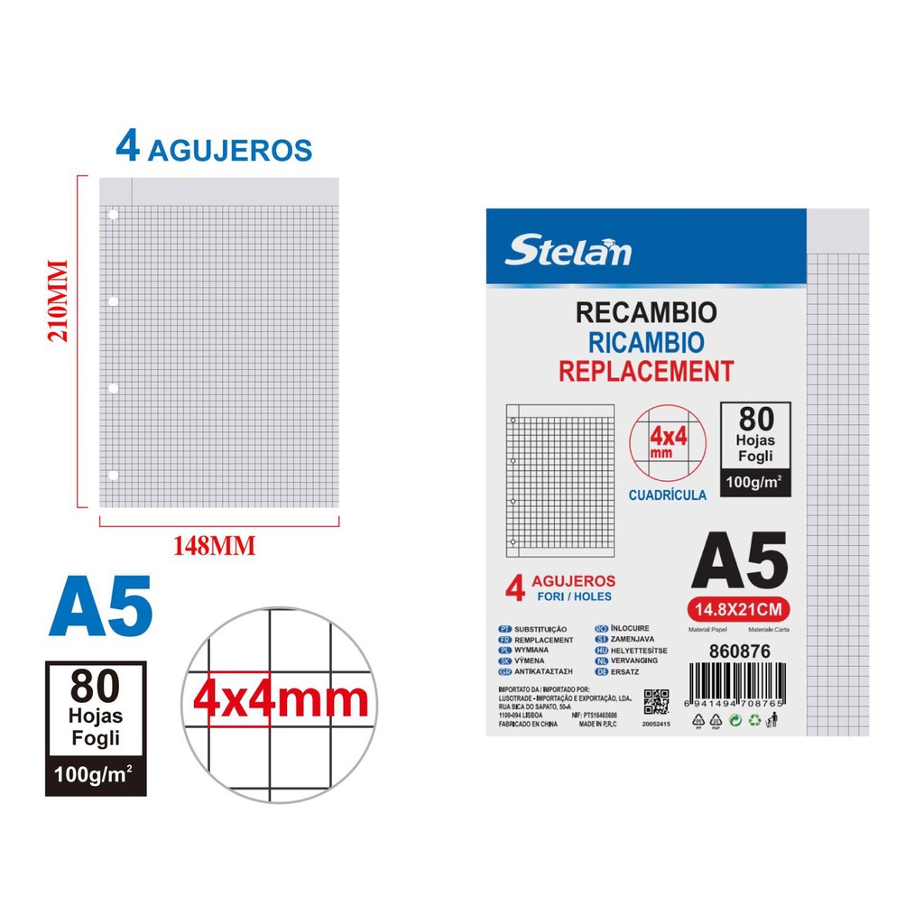 Recambio de papel A5 cuadriculado 4x4 100 hojas para agendas