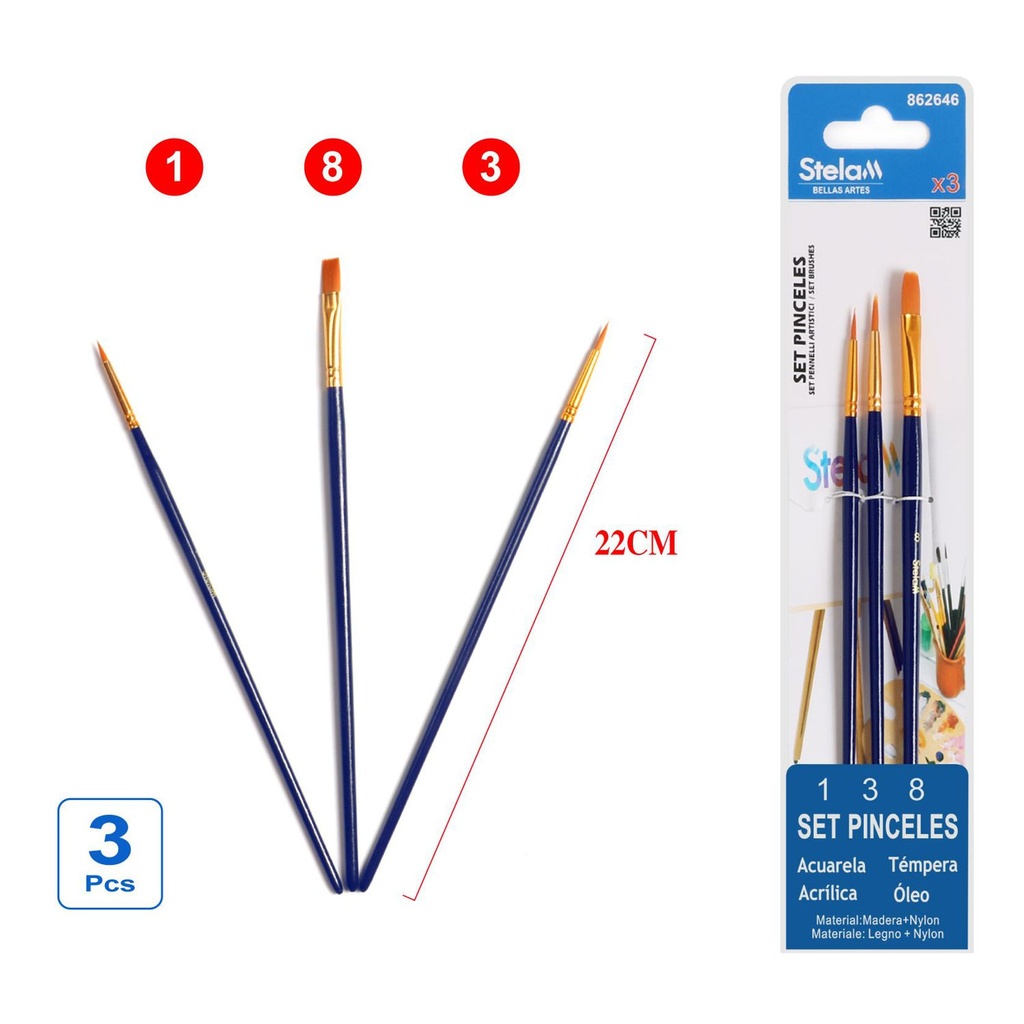 Set de pinceles con mango azul 3 piezas para pintura en óleo