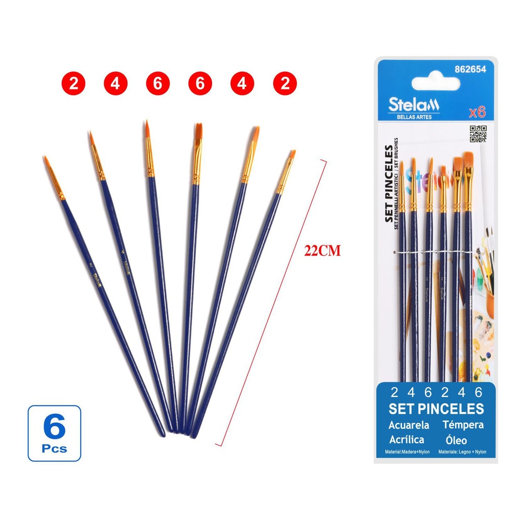 Set de pinceles con mango azul 6 piezas para pintura artística