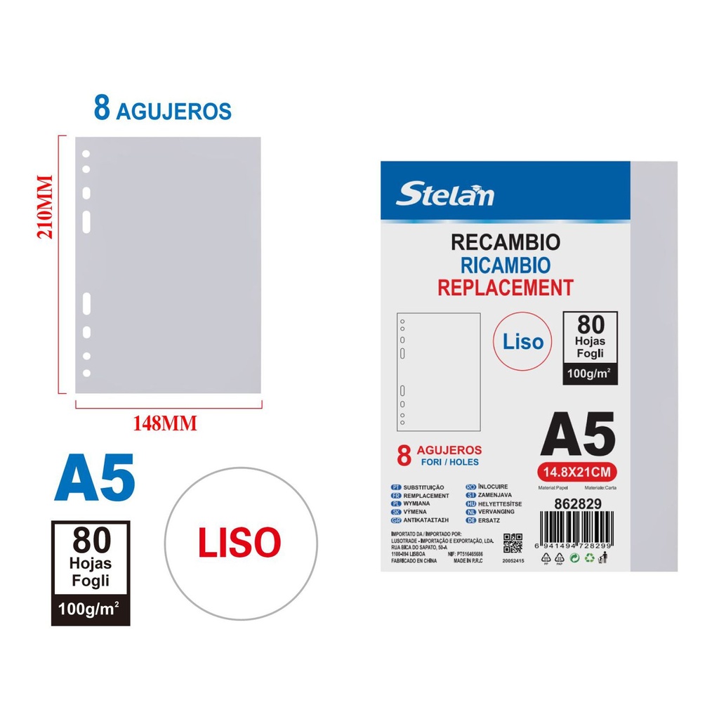 Recambio- 8 agujeros A5 blanco 100G 80 páginas 