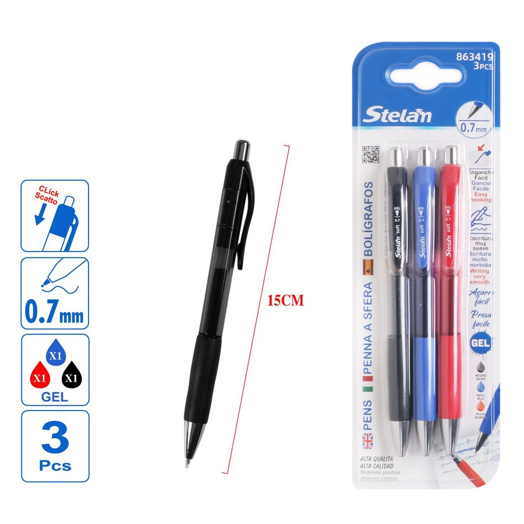 Bolígrafos de gel 0.7mm 3pcs negro, azul, rojo - Herramientas de escritura