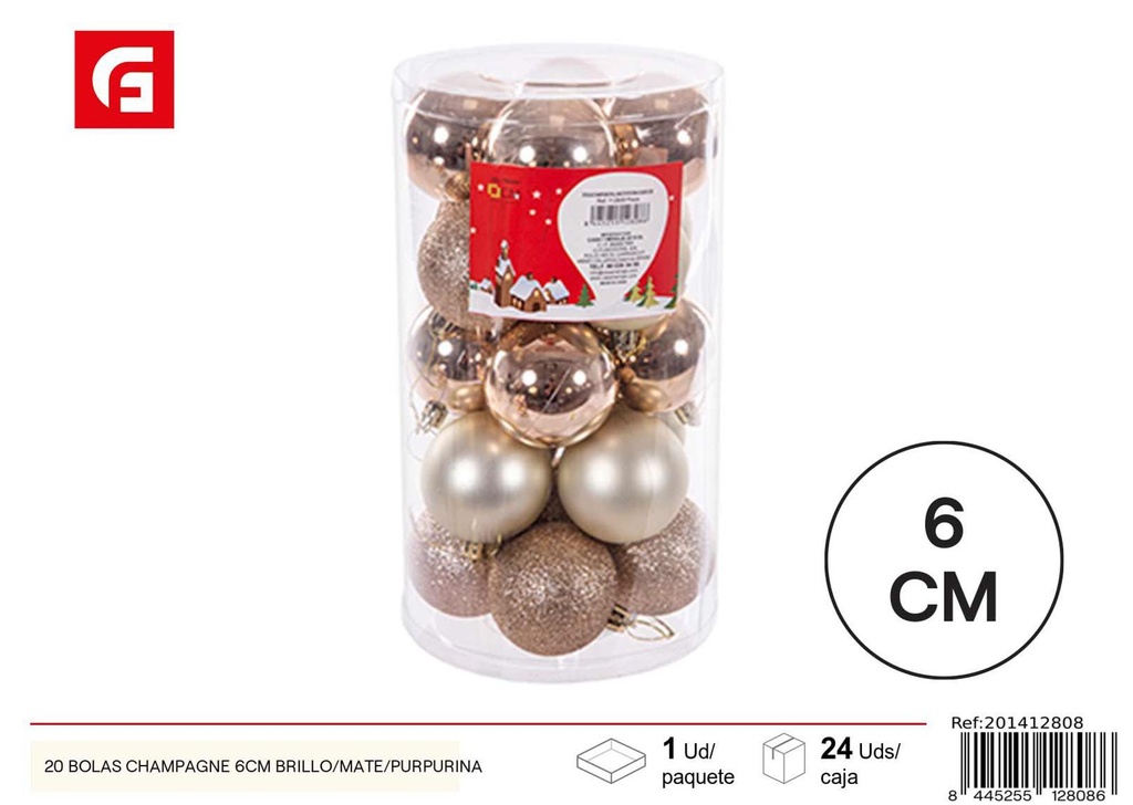 20 bolas de Navidad 6cm champagne brillo/mate/purpurina para decorar árbol