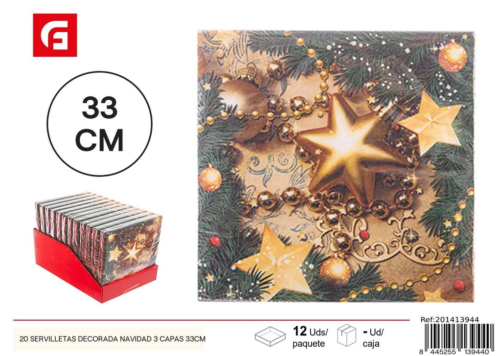 Servilletas decoradas Navidad 3 capas 33cm 20 unidades - Artículos navideños