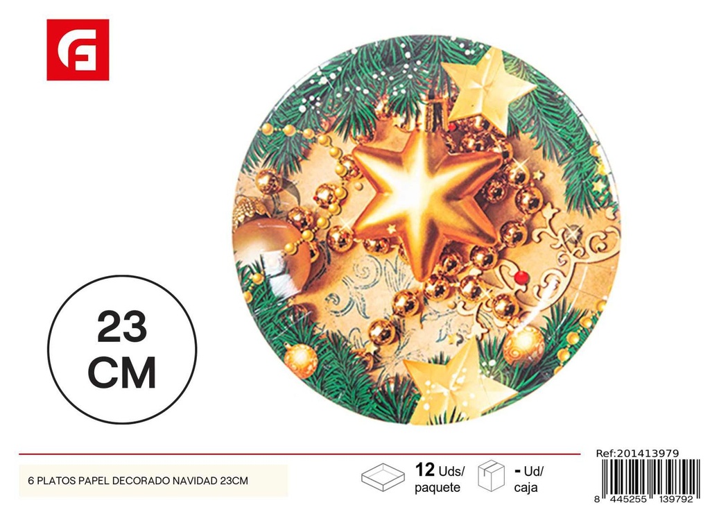 Platos papel decorados Navidad 23CM 6 unidades - Utensilios desechables