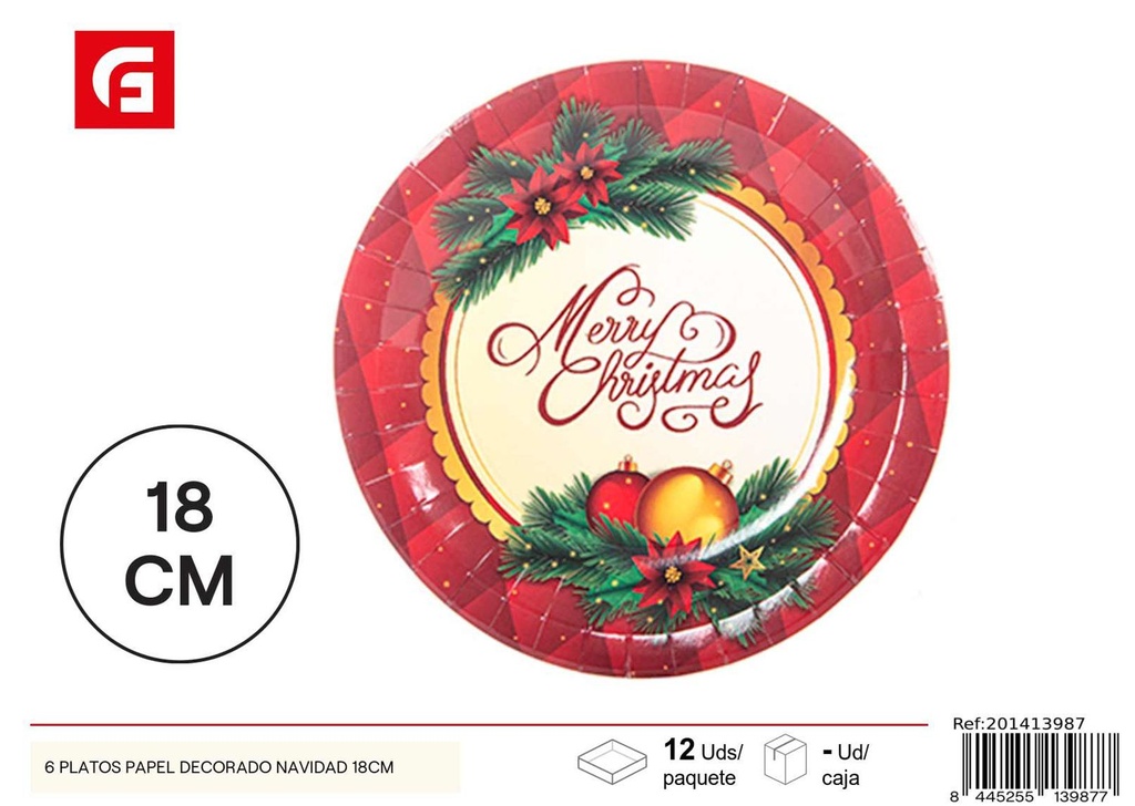 Platos de papel decorados navidad 18 cm 6 pcs - Utensilios desechables para fiestas