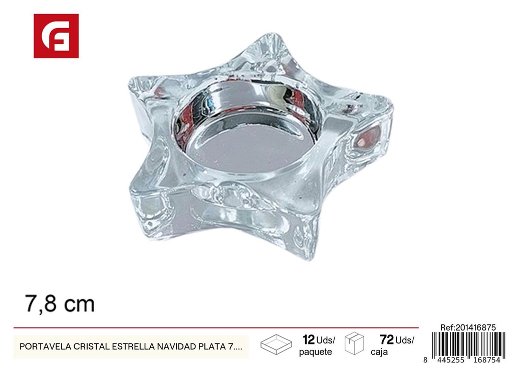 Portavela cristal estrella Navidad plata 7.8cm para ambientación