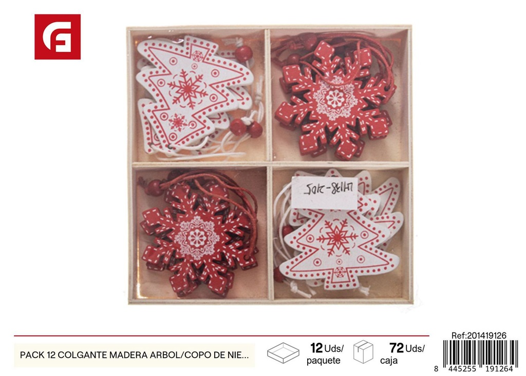 Pack 12 colgante madera árbol/copos de nieve rojo y blanco - Decoraciones navideñas