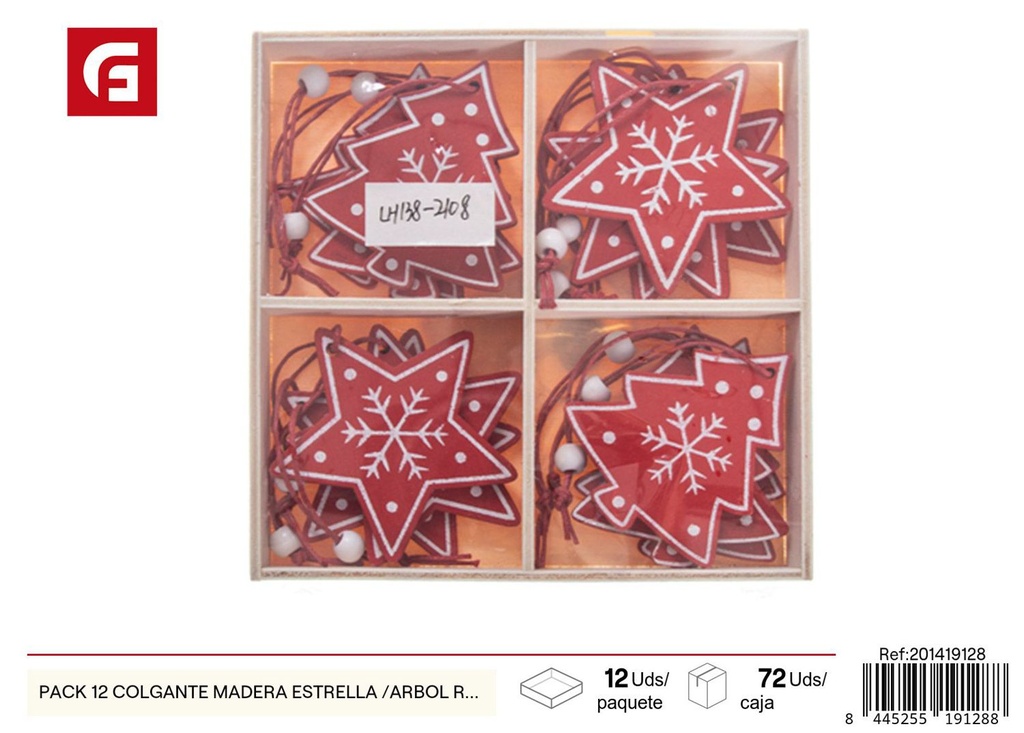 Pack 12 colgantes de madera estrella/árbol rojo y blanco para decoración navideña